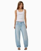 My Essential Wardrobe Mandy white ribbed tank top front view with jeans 