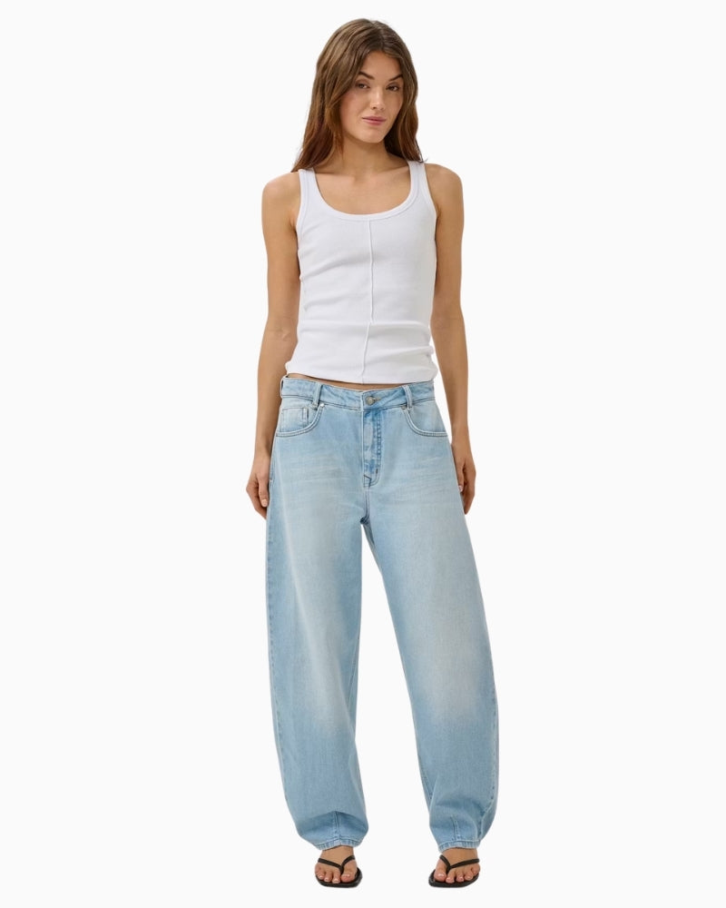 My Essential Wardrobe Mandy white ribbed tank top front view with jeans 