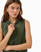 My Essential Wardrobe Mulla green hooded waistcoat front view zip closure