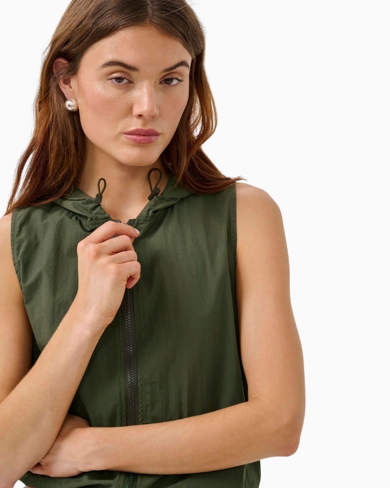 My Essential Wardrobe Mulla green hooded waistcoat front view zip closure