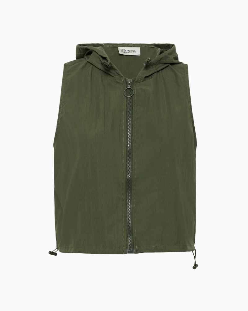 My Essential Wardrobe Mulla green hooded waistcoat zip closure front view 