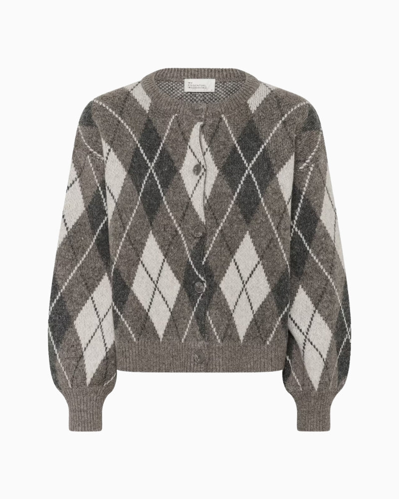 My Essential Wardrobe Paloma Check Knit Cardigan brown check detail