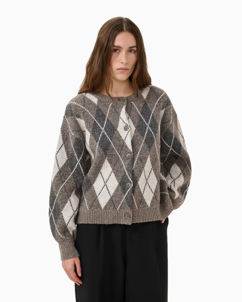 My Essential Wardrobe Paloma Check Knit Cardigan brown front view