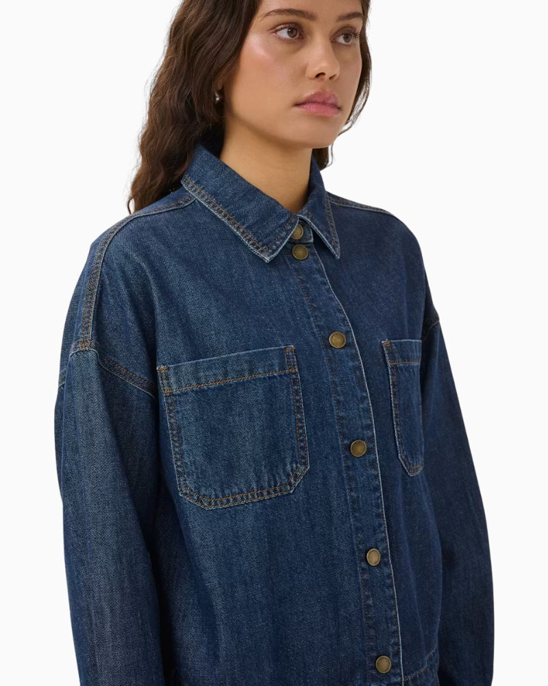 My Essential Wardrobe Solia Denim Shirt in Dark Denim chest pocket detail