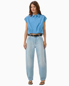 My Essential Wardrobe Sunna blue cropped shirt full outfit front view