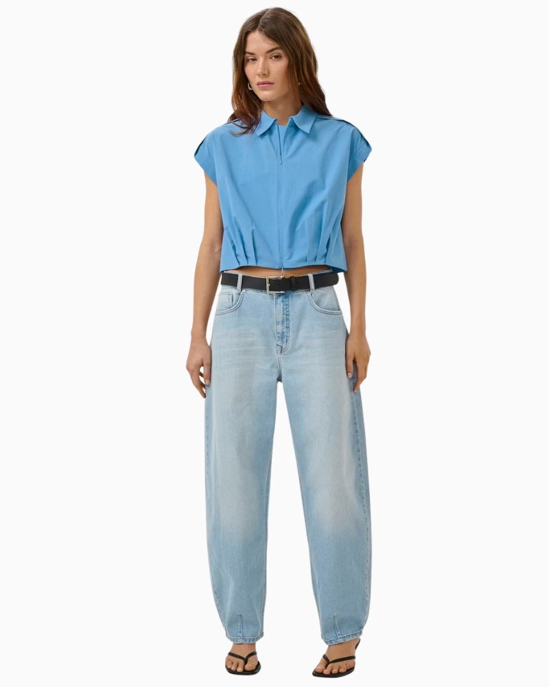 My Essential Wardrobe Sunna blue cropped shirt full outfit front view