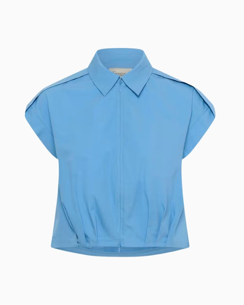 My Essential Wardrobe Sunna blue cropped zip closure shirt front view 