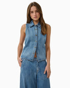 My Essential Wardrobe Sunna denim vest front view with button closure