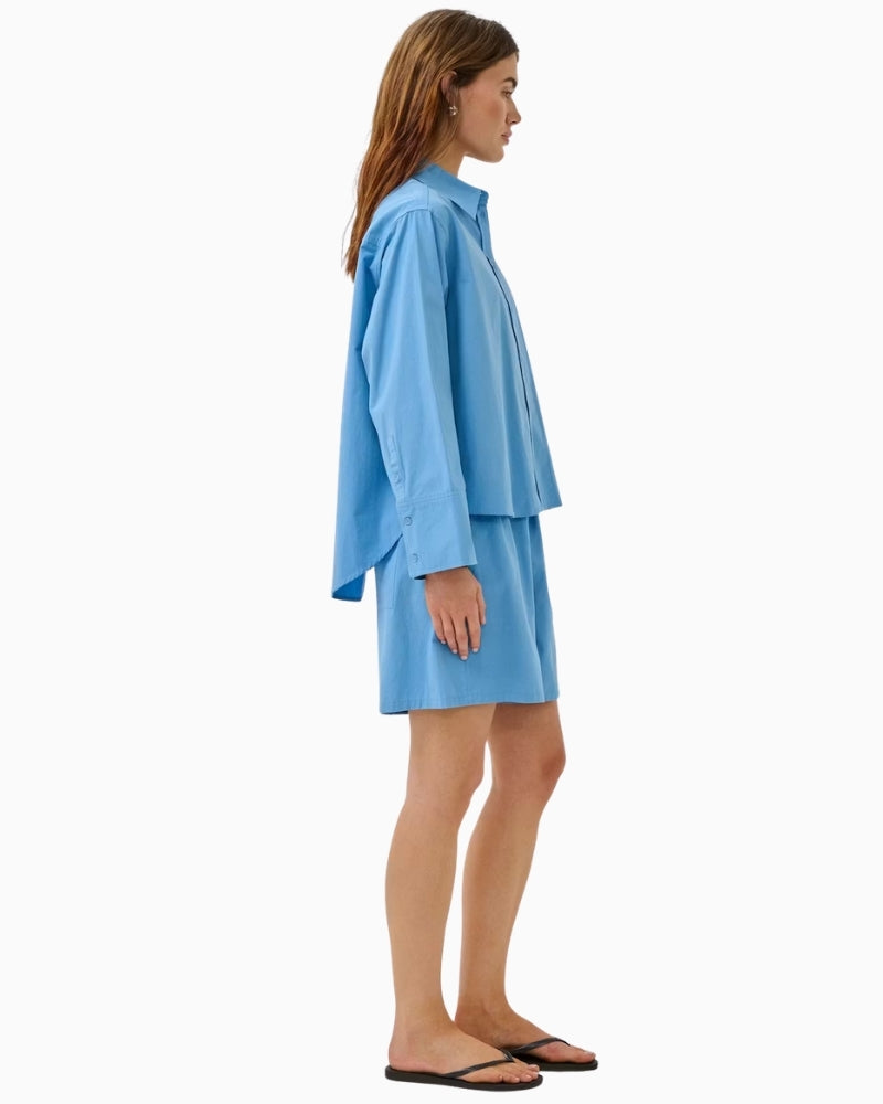 My Essential Wardrobe blue organic cotton shorts side view 