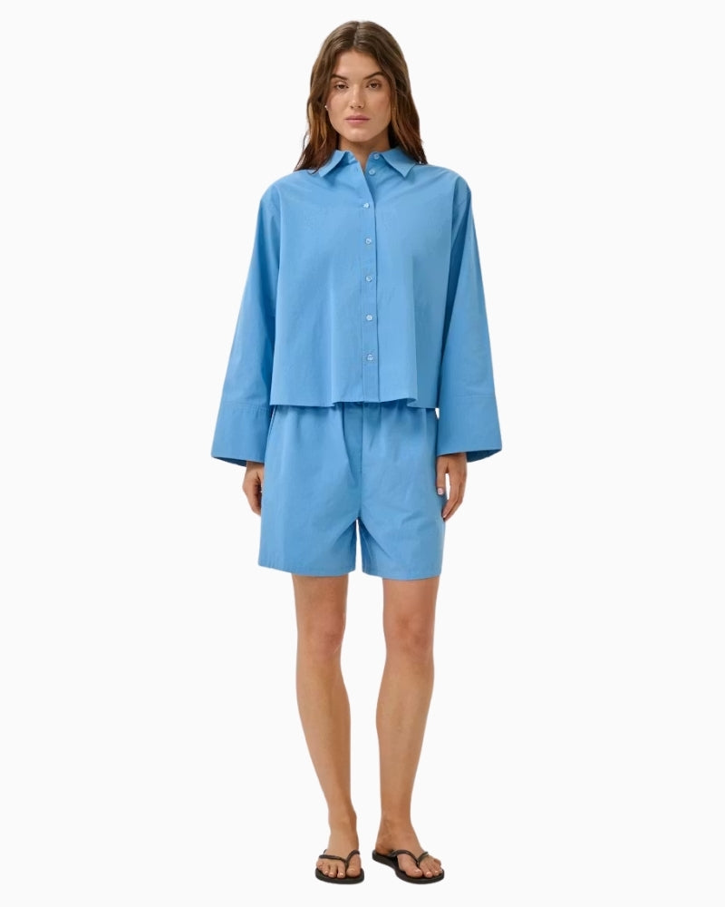 My Essential Wardrobe blue shorts outfit view with matching shirt
