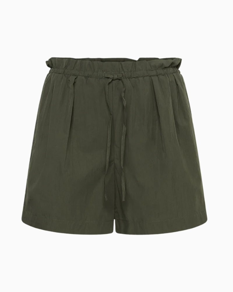 My Essential Wardrobe green shorts close-up waistband drawstring detail