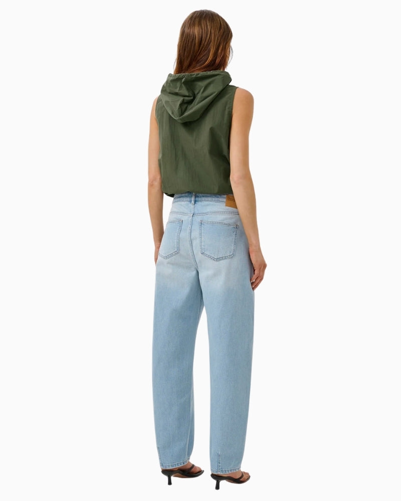 My Essential Wardrobe green sleeveless waistcoat back view with hood