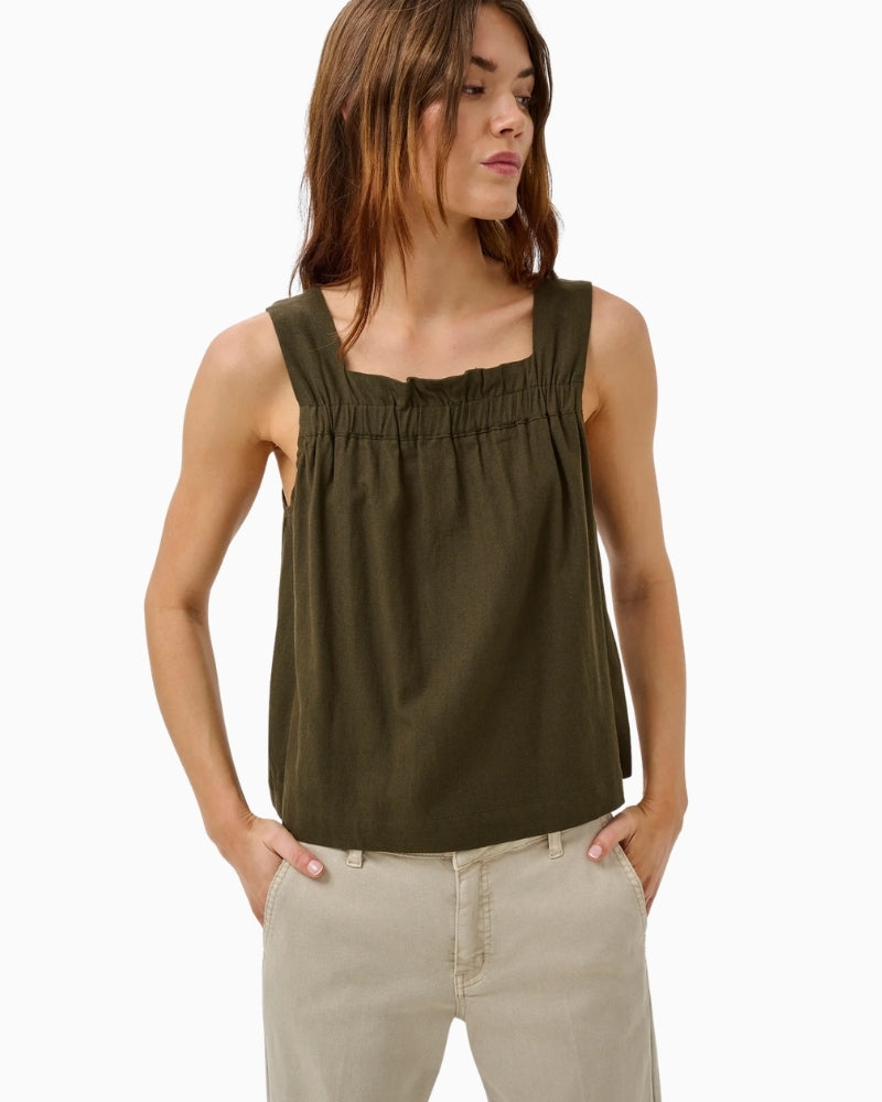 My Essential Wardrobe khaki sleeveless top with shirred neckline front