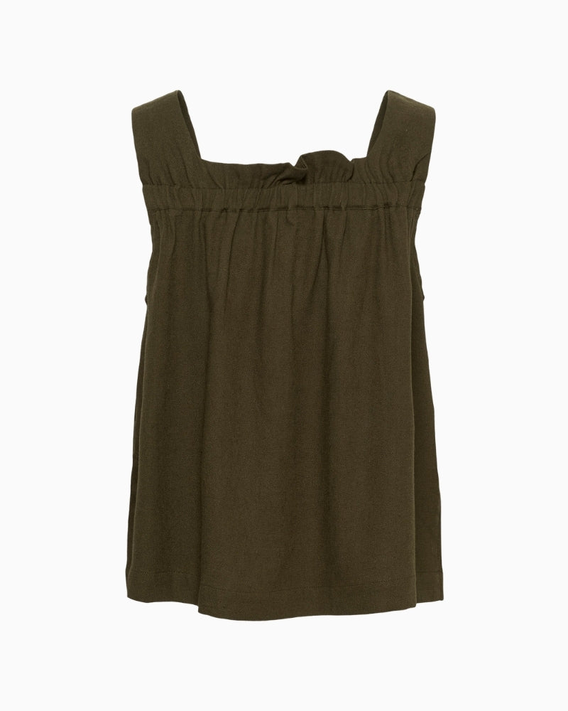 My Essential Wardrobe khaki top close-up shirring neckline detail