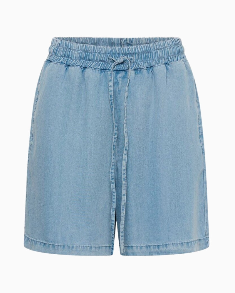 My Essential Wardrobe light denim shorts front view relaxed fit