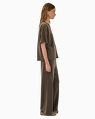 My Essential Wardrobe olive trousers side view elastic waist