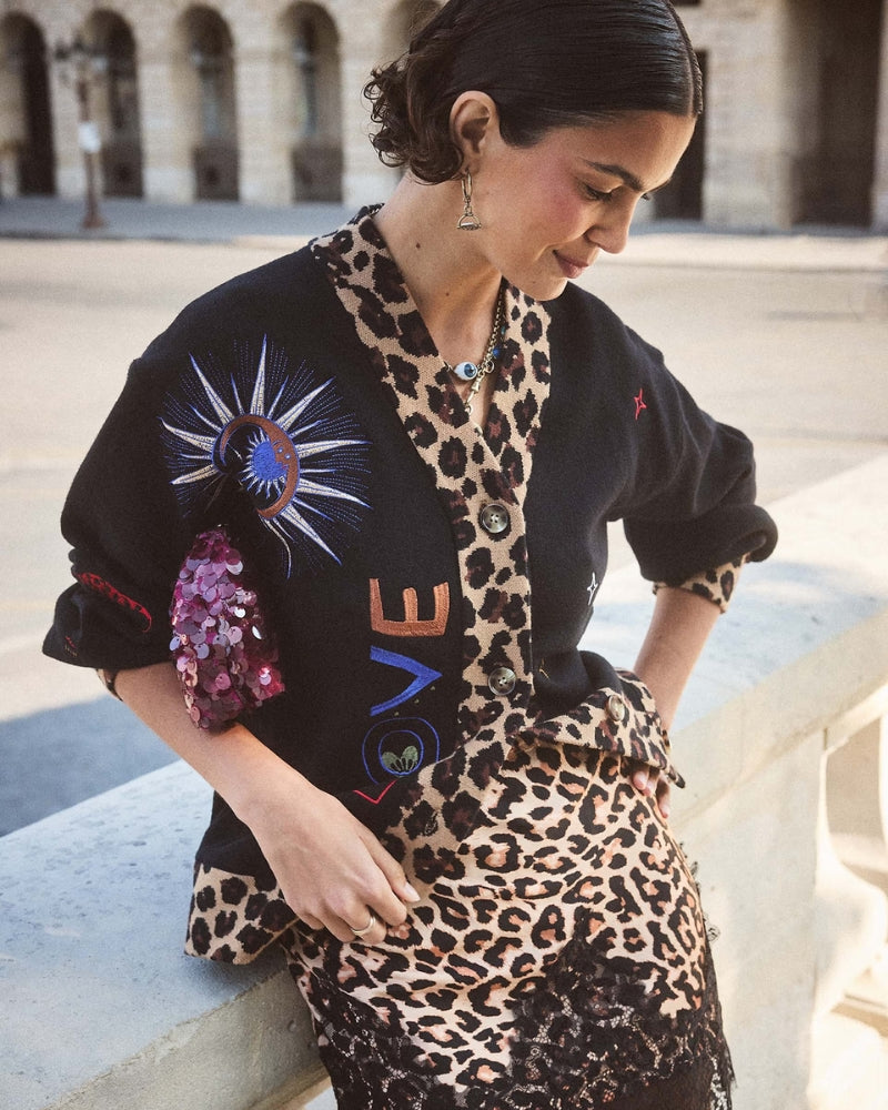 Never Fully Dressed Amore Astrid Cardigan in black embroidered motif detail