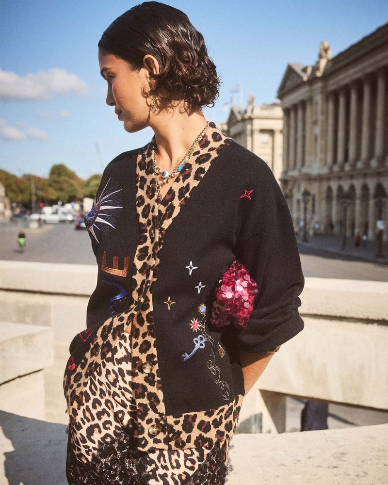 Never Fully Dressed Amore Astrid Cardigan in black with leopard print trim