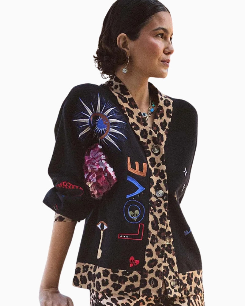 Never Fully Dressed Amore Astrid Cardigan in black with leopard print trim