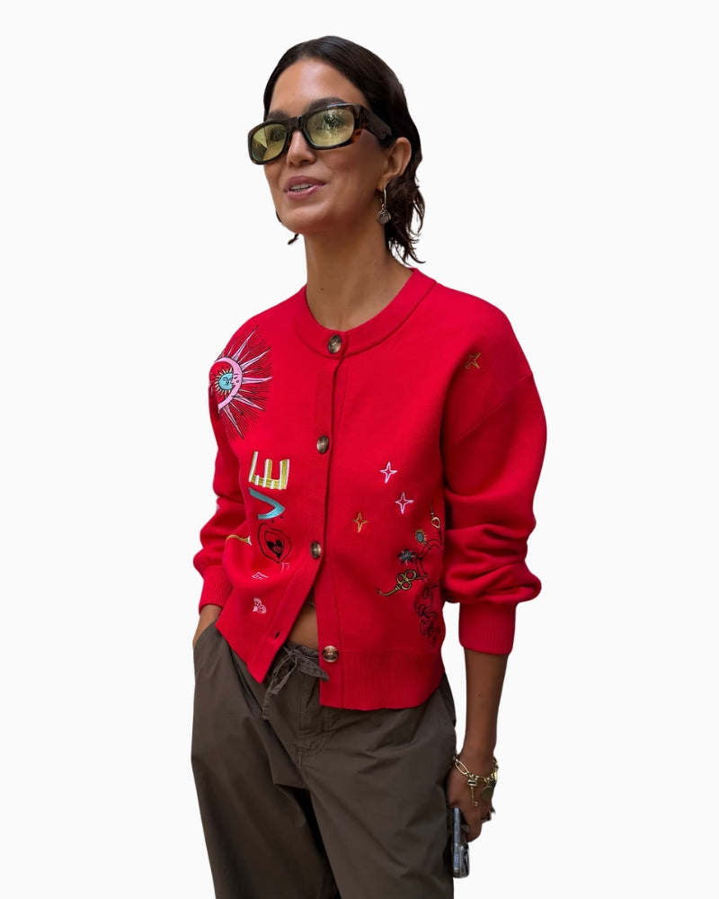 Never Fully Dressed Amore Forrest Cardigan in red front view