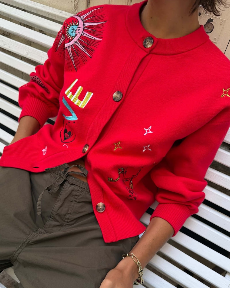 Never Fully Dressed Amore Forrest Cardigan in red sun and moon embroidery detail
