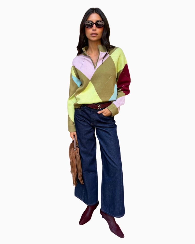 Never Fully Dressed Argyle Anna Jumper in Multi detail of contrasting cream and burgundy colour blocks