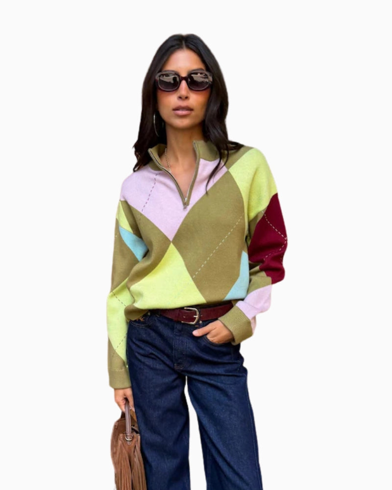 Never Fully Dressed Argyle Anna Jumper in Multi front view showing oversized argyle pattern