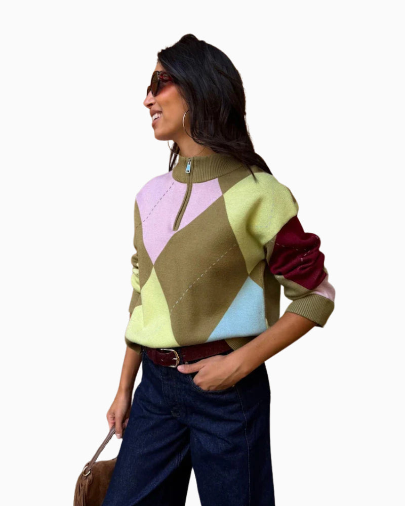 Never Fully Dressed Argyle Anna Jumper in Multi side view showing relaxed silhouette