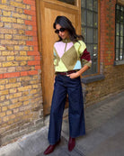 Never Fully Dressed Argyle Anna Jumper in Multi styled of chocolate, olive and pink argyle knit