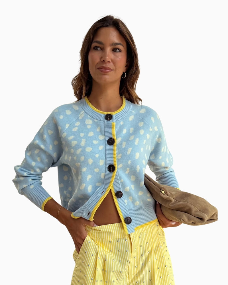 Never Fully Dressed Cheryl Cardigan in Blue Fawn deer print detail