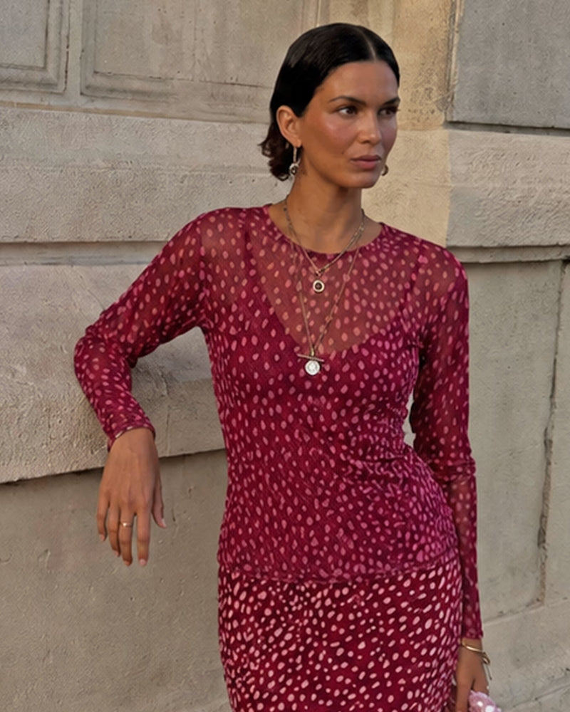 Never Fully Dressed Deer Mesh Top in burgundy front view
