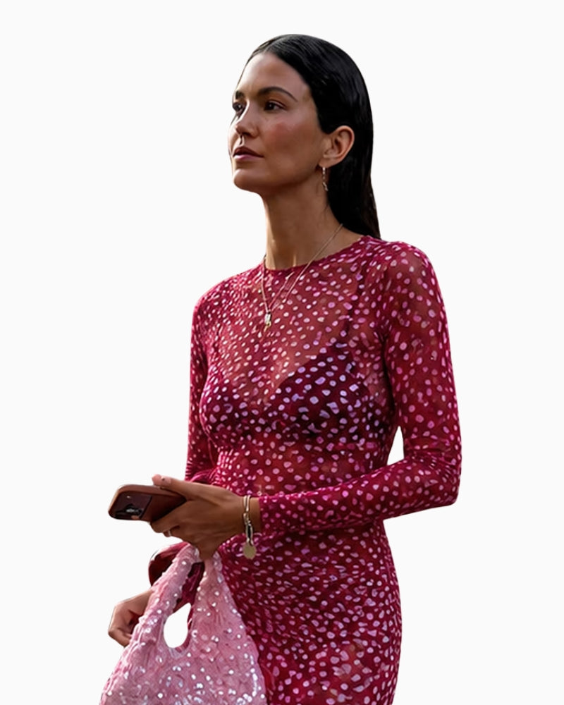 Never Fully Dressed Deer Mesh Top in burgundy sheer mesh detail