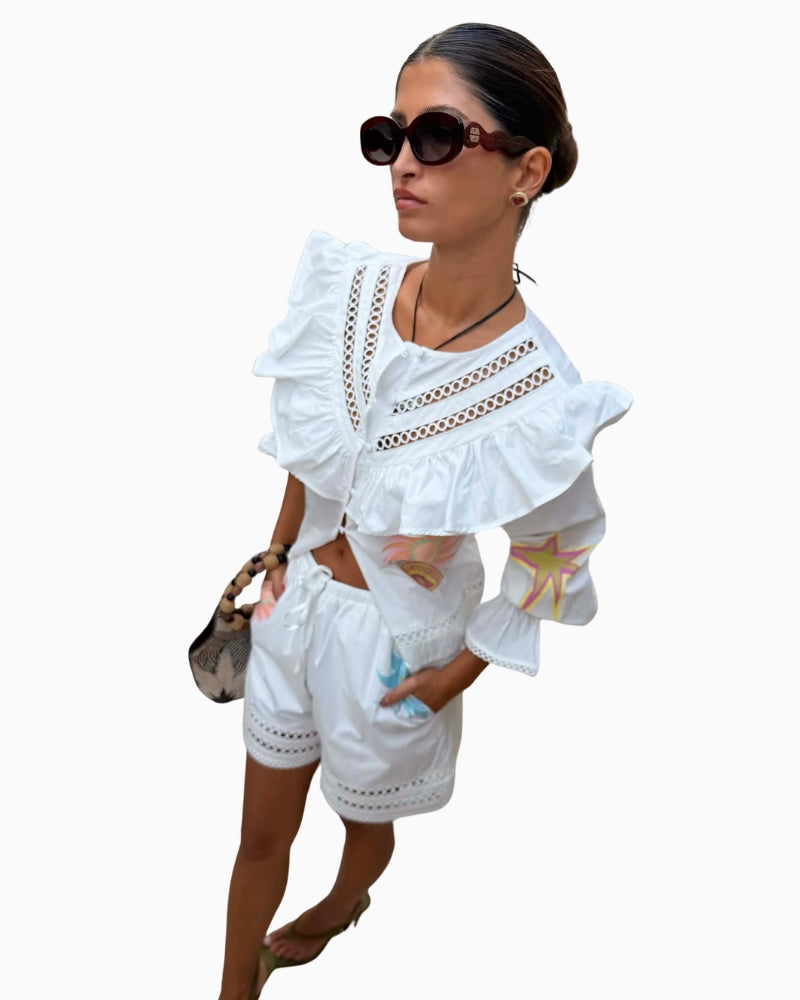Never Fully Dressed Dreamer Willa top white styled with shorts