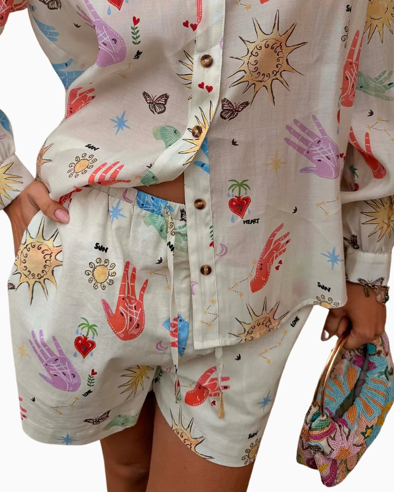Never Fully Dressed Ellie Shorts in Cream celestial print detail