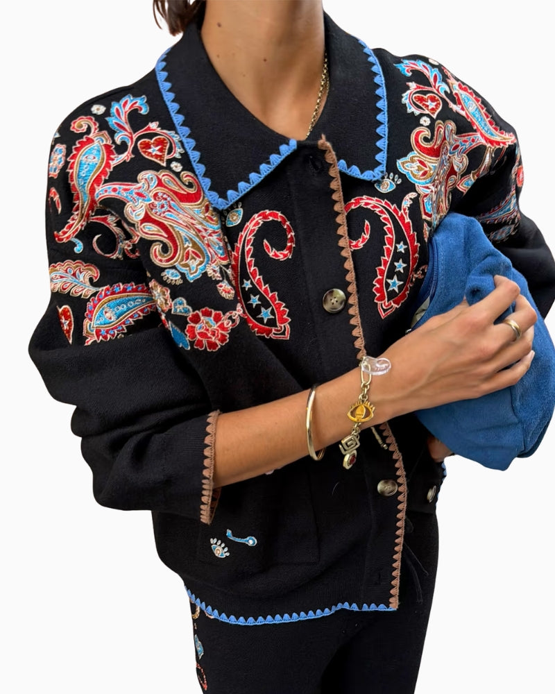 Never Fully Dressed Embroidered Paisley Cardigan in black neckline detail