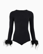 Never Fully Dressed Feather Bodysuit in Black round neckline detail