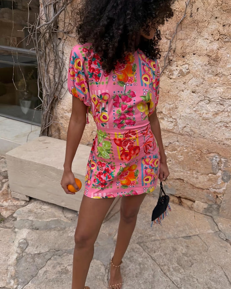 Never Fully Dressed Fruit Stamps Mini Dress in Pink front view