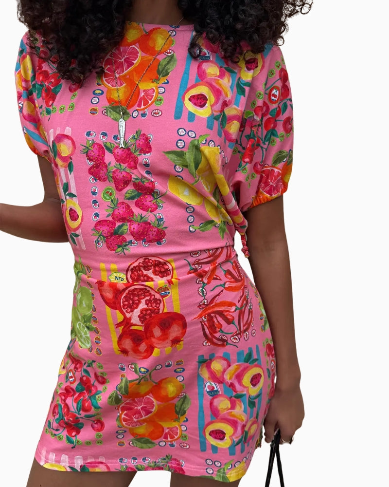 Never Fully Dressed Fruit Stamps Mini Dress in Pink front view
