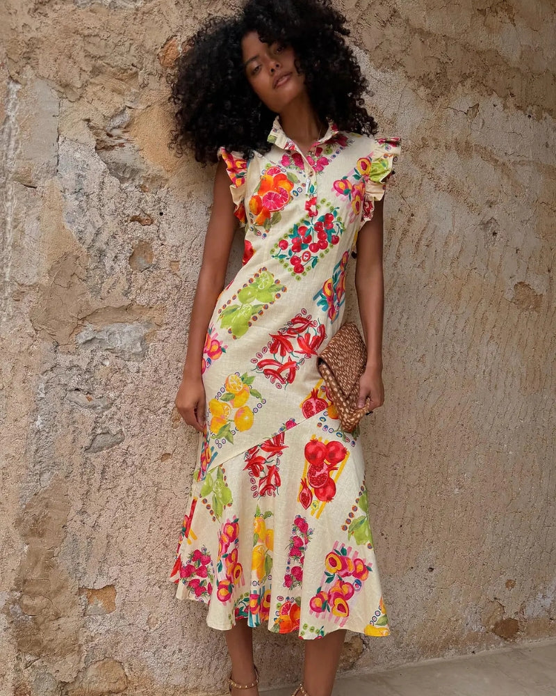 Never Fully Dressed Fruit Stamps Remi Dress in pink collar and button detail