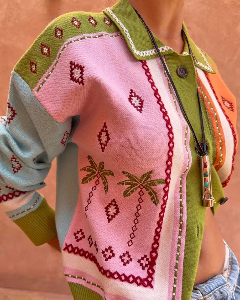 Never Fully Dressed Geometric Palm Cardigan with blanket stitch detail