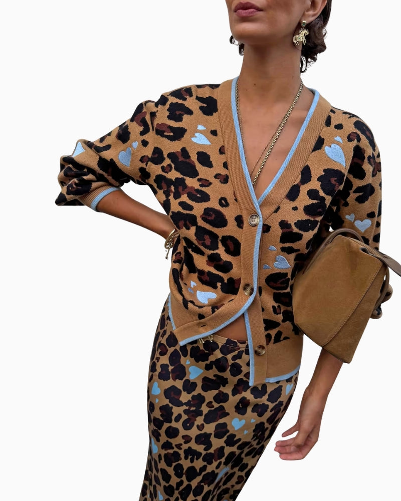 Never Fully Dressed Heart Leo Cardigan in Brown with pastel blue heart detail