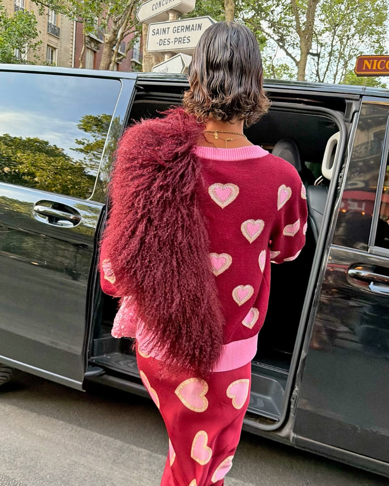 Never Fully Dressed Hearts Cardigan in Burgundy back view showing pink hearts