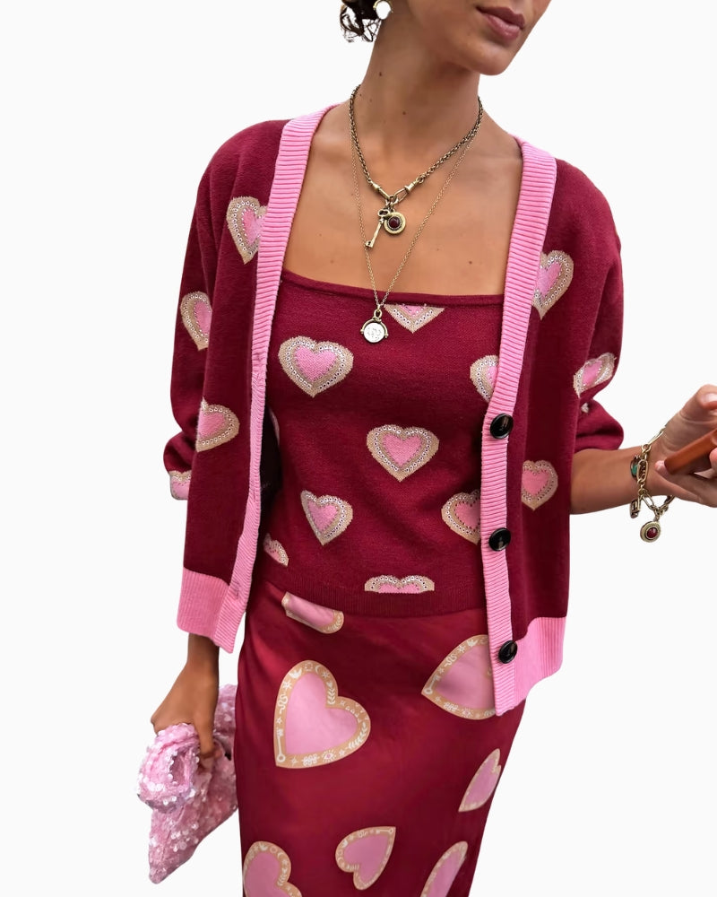 Never Fully Dressed Hearts Cardigan in Burgundy front view with pink heart pattern