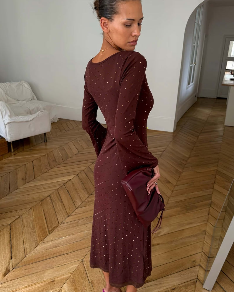 Never Fully Dressed Icon Mesh Dress in Brown back view showing sheer mesh fabric and long flared sleeves