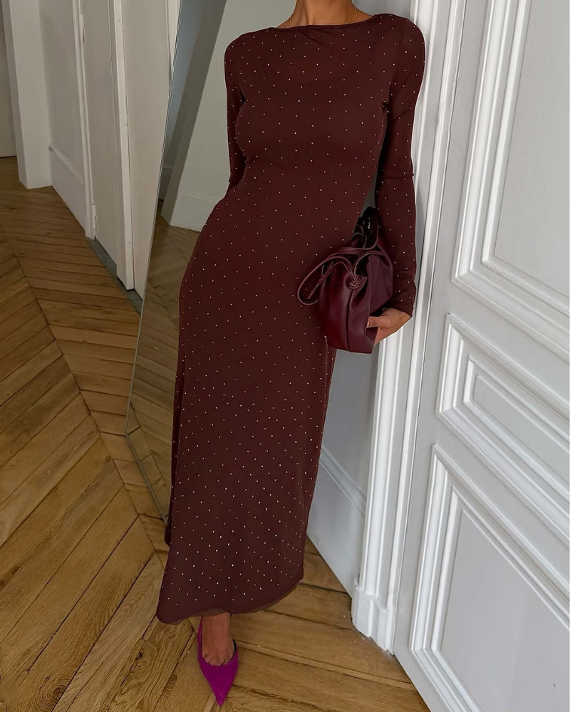 Never Fully Dressed Icon Mesh Dress in Brown front view showing gold dot pattern and maxi silhouette
