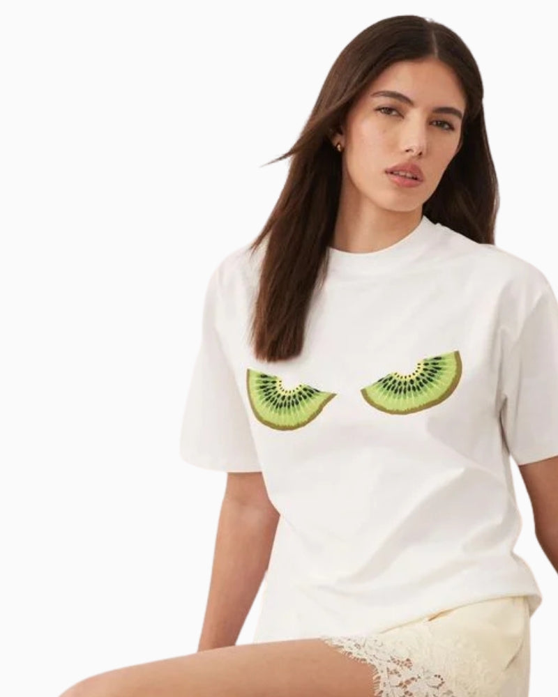Never Fully Dressed Kiwi Boob T-Shirt in White front view