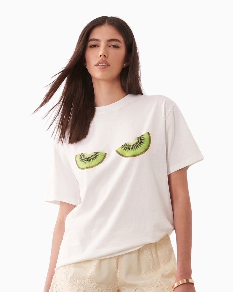 Never Fully Dressed Kiwi Boob T-Shirt in White graphic detail