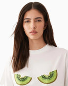 Never Fully Dressed Kiwi Boob T-Shirt in White neckline detail