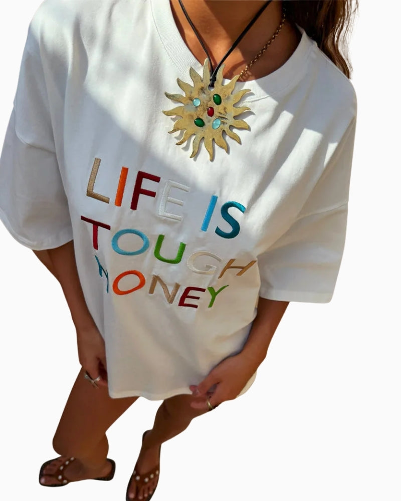 Never Fully Dressed Life Is Tough Embroidered T-Shirt detail embroidery