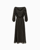 Never Fully Dressed Olive Dress in black and gold front view with draped neckline